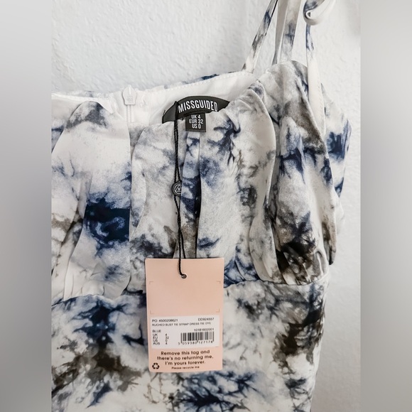 NWT Missguided White/Blue/Black Marbled Tie Shoulder Mini Dress - SIZE 0 - Picture 4 of 5